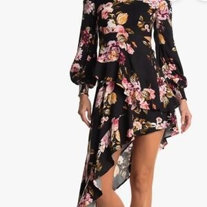 Asymmetric Black Floral Ruffle Dress